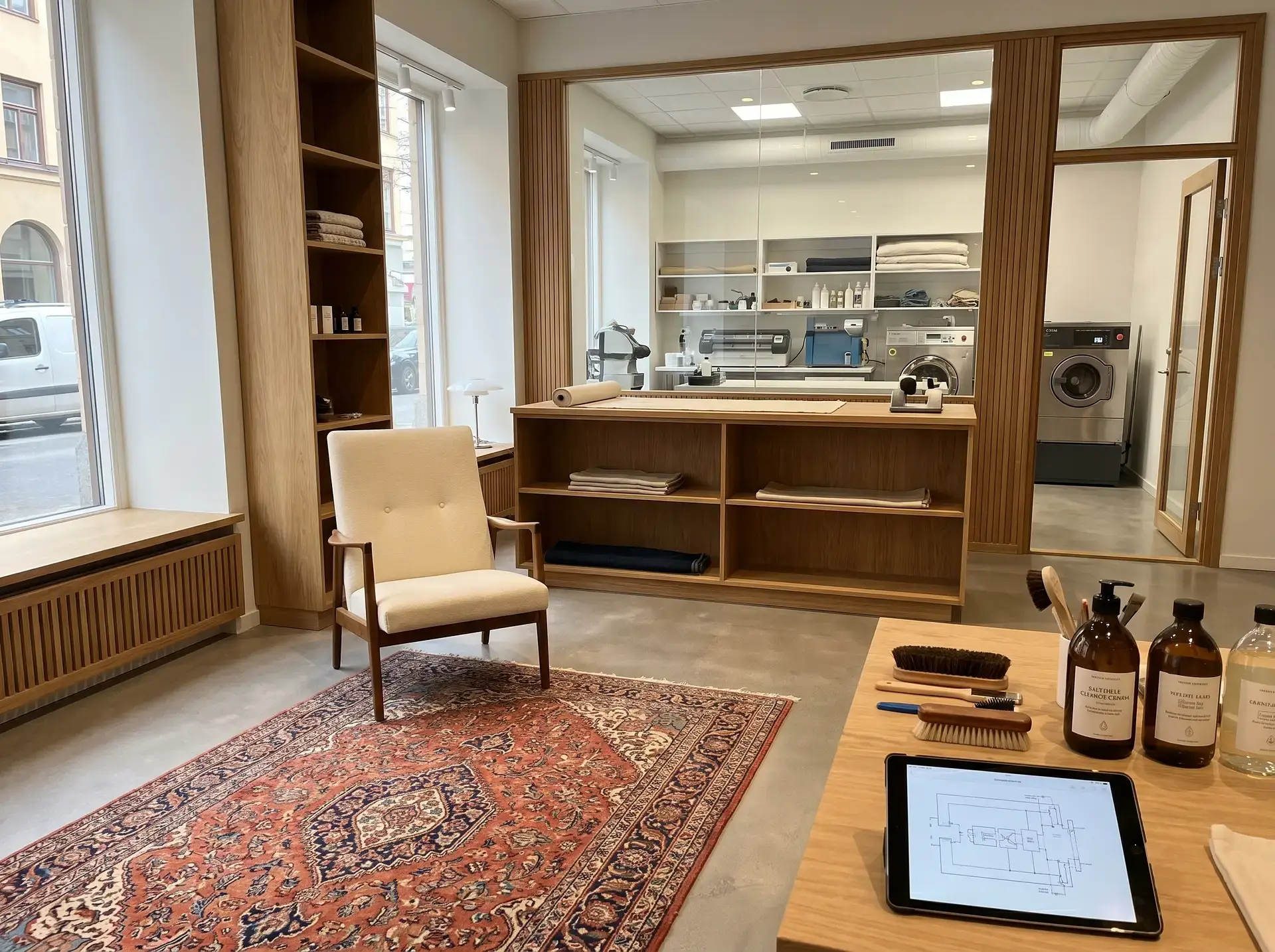 Elegant tvätterireception med träinredning, fåtölj och industritvättmaskiner i bakgrunden.
