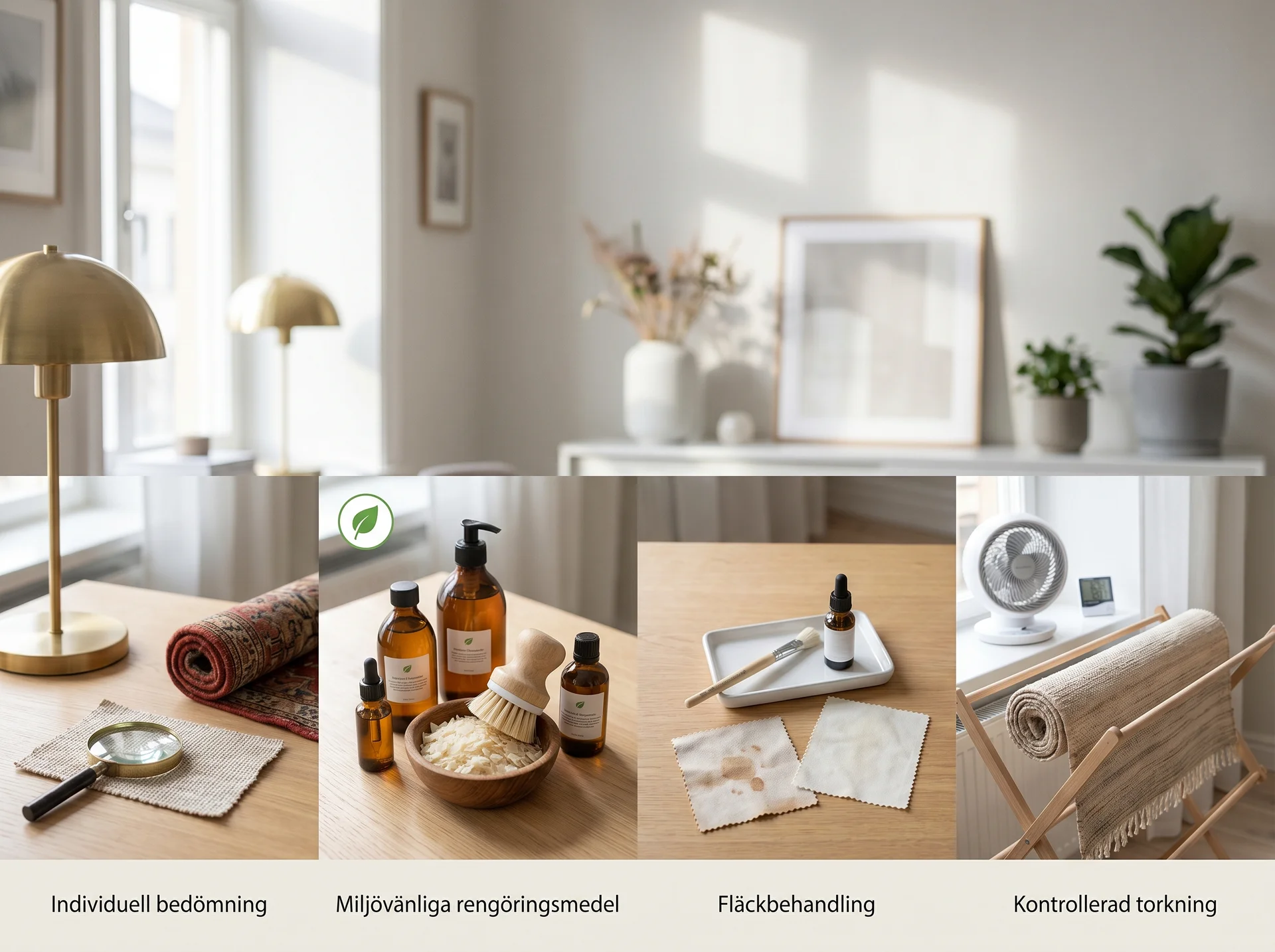 Fyra bilder visar mattrengöringsprocess: bedömning, miljövänliga medel, fläckbehandling och torkning.